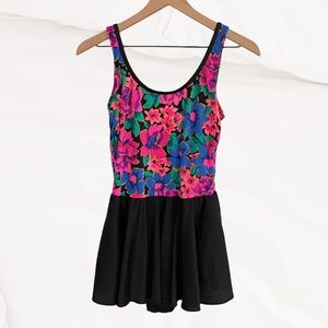 Vintage 1960s 70s Neon Floral Swim Dress Swimsuit with Skirt Union Label Sz M/L